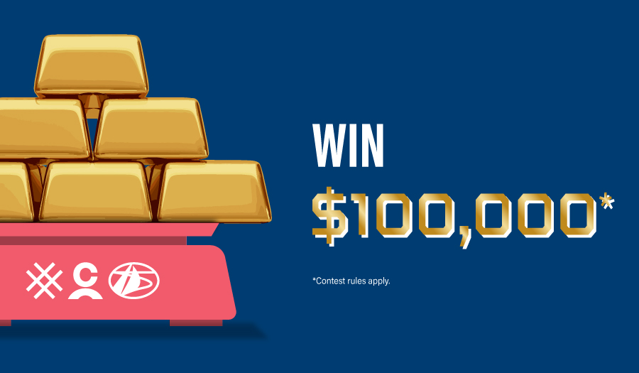 Stack of gold bars on a scale, win $100,000*
